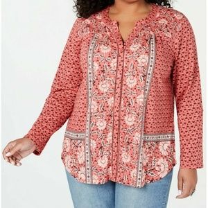 Style&Co Women's Orange Ladder Trim Roll Tab Sleeve Top Plus Sizes 0X/1X